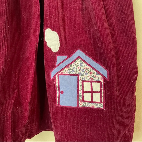 VTG 90’s Girls Corduroy House Embellished Burgundy Wine Girl’s Jumpsuit Dress 6 - Picture 4 of 9